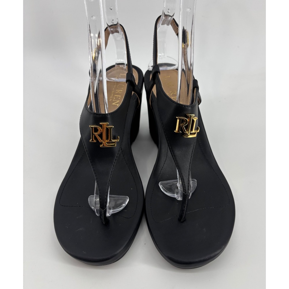 Lauren Ralph Lauren Jeannie Wedge Sandals Women's 7 Black Gold Logo